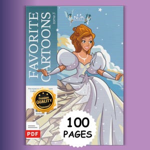 Könnte beinhalten: Ein Malbuch mit dem Titel FAVORITE CARTOONS tome 3, das eine Illustration einer Figur mit kastanienbraunem Haar in einem hellblauen Kleid zeigt. Das Cover enthält ein goldenes Premium Quality-Siegel, ein PDF-Symbol und 100 PAGES.