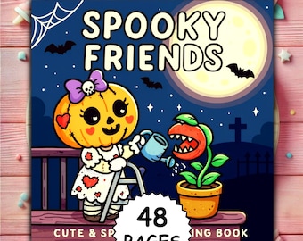May include: A children's coloring book titled "Spooky Friends" featuring a pumpkin character watering a plant with a large moon and bats in the background. The book cover has 48 pages and is decorated with Halloween-themed illustrations.