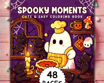 May include: A coloring book titled "Spooky Moments" with a cartoon ghost chef, black bear characters, and a pie. The cover features the text "Cute & Easy Coloring Book" and "48 Pages" on a purple background.