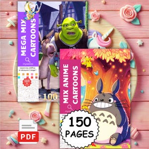 Puede incluir: Dos libros de colorear rectangulares con personajes de dibujos animados. Una portada muestra a Shrek y Asno con el texto MEGA MIX CARTOONS. La otra muestra a Totoro y Pikachu con el texto MIX ANIME CARTOONS y una insignia de 150 PAGES. Icono PDF.