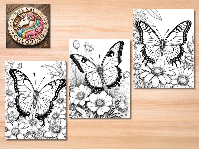 May include: Black and white line art coloring page featuring a butterfly with detailed wings and a floral background.
