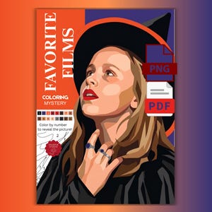 Op de afbeelding: Een digitaal kleurboek-omslag getiteld FAVORITE FILMS COLORING MYSTERY met een gestileerde illustratie van een persoon met een zwarte heksenhoed. De afbeelding bevat een kleur-op-nummer gids en iconen voor PNG- en PDF-bestanden.