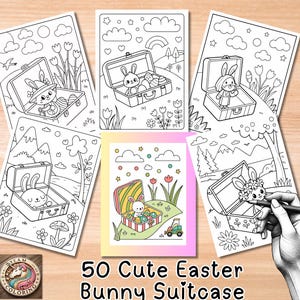 Bold and easy coloring Pages, cute kawaii Easter Suitcase coloring Book, Easter Bunny scenes Coloring relaxing activity for adult & kids