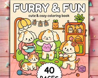 May include: A square coloring book cover with the title "FURRY & FUN" and the subtitle "cute & cozy coloring book." It shows cartoon dogs and a cat, with a "40 PAGES" badge. The illustration uses a warm colour palette.