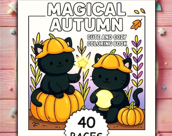 May include: A colouring book titled "Magical Autumn" with illustrations of black cats wearing pumpkin hats. The cover features the text "Cute and Cozy Coloring Book" and "40 Pages". The artwork has a cartoon style with autumn-themed elements.