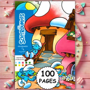Könnte beinhalten: Ein Malbuch mit den Schlümpfen, mit blauem Cover und dem Text "LES Schtroumpfs". Das Cover zeigt einen Schlumpf, der sich in einem Stuhl entspannt, mit einem Pilzhaus im Hintergrund. Das Buch hat 100 Seiten.