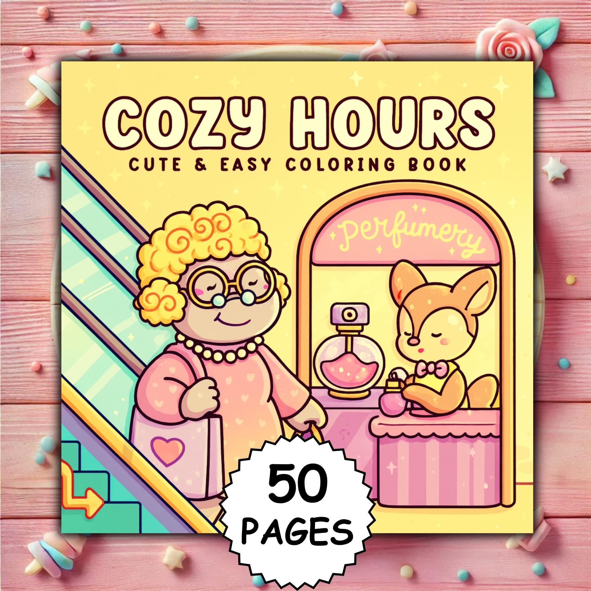 Cozy Hours: Libro de colorear tierno para adultos – Trazos gruesos y fáciles, 50 escenas acogedoras PDF + PNG, estilo Coco Wyo, compatible con Procreate