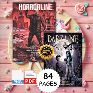 Könnte beinhalten: Zwei Malbücher mit den Titeln Horrorline und Darkline mit 84 Seiten in den Formaten PNG und PDF. Das Horrorline-Cover zeigt eine maskierte Figur in einer roten Landschaft, während das Darkline-Cover ein skelettiertes Paar im Friedhof zeigt.