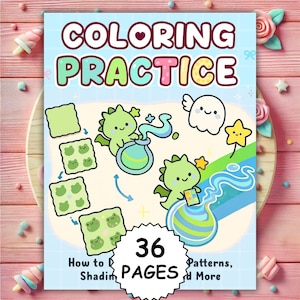 以下が含まれることがあります： 「COLORING PRACTICE」の文字が書かれた、水色の表紙の塗り絵練習帳。表紙には、かわいいドラゴン、おばけ、星のイラストが描かれています。36ページで、パターンも含まれています。