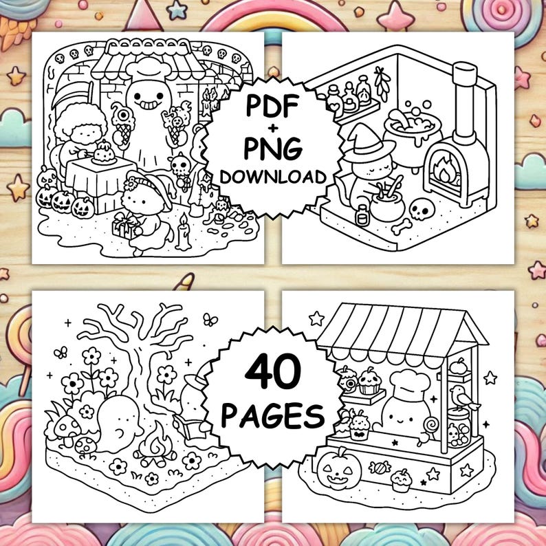 May include: Black and white line art illustrations of Halloween-themed scenes. The images include a ghost serving ice cream, a witch stirring a cauldron, a ghost by a campfire, and a bakery stand. Text includes "PDF + PNG DOWNLOAD" and "40 PAGES".