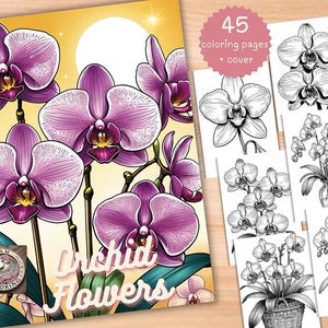 45 Orchid Coloring Book, Printable PDF, Botanical Floral Plant Coloring Pages, Grayscale Fantasy Coloring Book for Adults and Kids