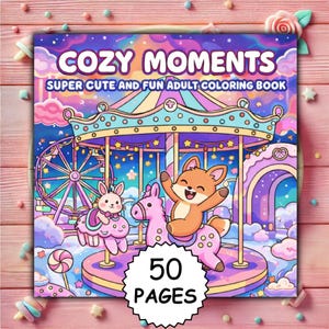 May include: A square adult colouring book titled "Cozy Moments" with a carousel scene featuring a fox, bunny, and horses. The cover has a Ferris wheel, a rainbow arch, and the text "Super Cute and Fun Adult Colouring Book". The book has 50 pages.
