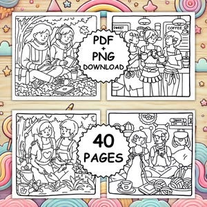 Op de afbeelding: Zwart-wit kleurboekpagina's. De afbeeldingen tonen sc&egrave;nes van mensen die lezen, koffie drinken en knutselen. De tekst "PDF + PNG DOWNLOAD" en "40 PAGES" zijn in de afbeelding opgenomen.