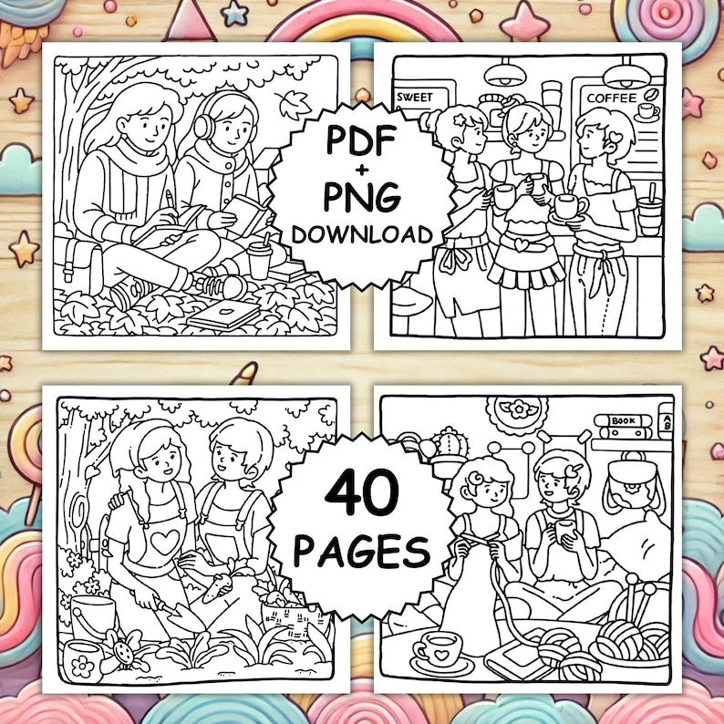 Op de afbeelding: Zwart-wit kleurboekpagina's. De afbeeldingen tonen sc&egrave;nes van mensen die lezen, koffie drinken en knutselen. De tekst "PDF + PNG DOWNLOAD" en "40 PAGES" zijn in de afbeelding opgenomen.