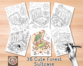 Libro para colorear de una maleta del bosque kawaii: 35 escenas encantadas (PDF y PNG)