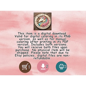 May include: A digital download featuring a circular design with a unicorn, the word "DREAM" and "COLORING". The image includes text about the digital download, including PNG and PDF versions.