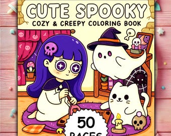 Cute Spooky  Bold and Easy Coloring Book, 50 Kawaii Halloween Pages, Cute Ghosts & Cozy Creepy Scenes Printable PDF + Digital PNG Procreate
