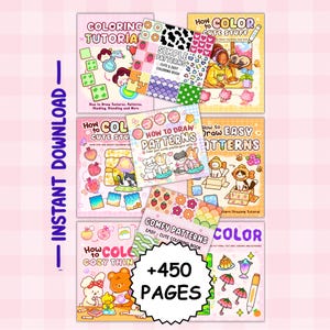 Peut inclure: Plusieurs livres de coloriage colorés avec des titres tels que "Coloring Tutorial" et "Simple Patterns." Les livres présentent des illustrations mignonnes et le texte "+450 PAGES." L'image comprend également le texte "INSTANT DOWNLOAD."