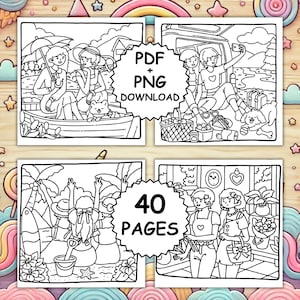 Op de afbeelding: Zwart-wit kleurboekpagina's met sc&egrave;nes van mensen die genieten van buitenactiviteiten. De afbeeldingen tonen picknicks, boottochten en strandsc&egrave;nes. Tekst op de afbeelding luidt "PDF + PNG DOWNLOAD" en "40 PAGES".