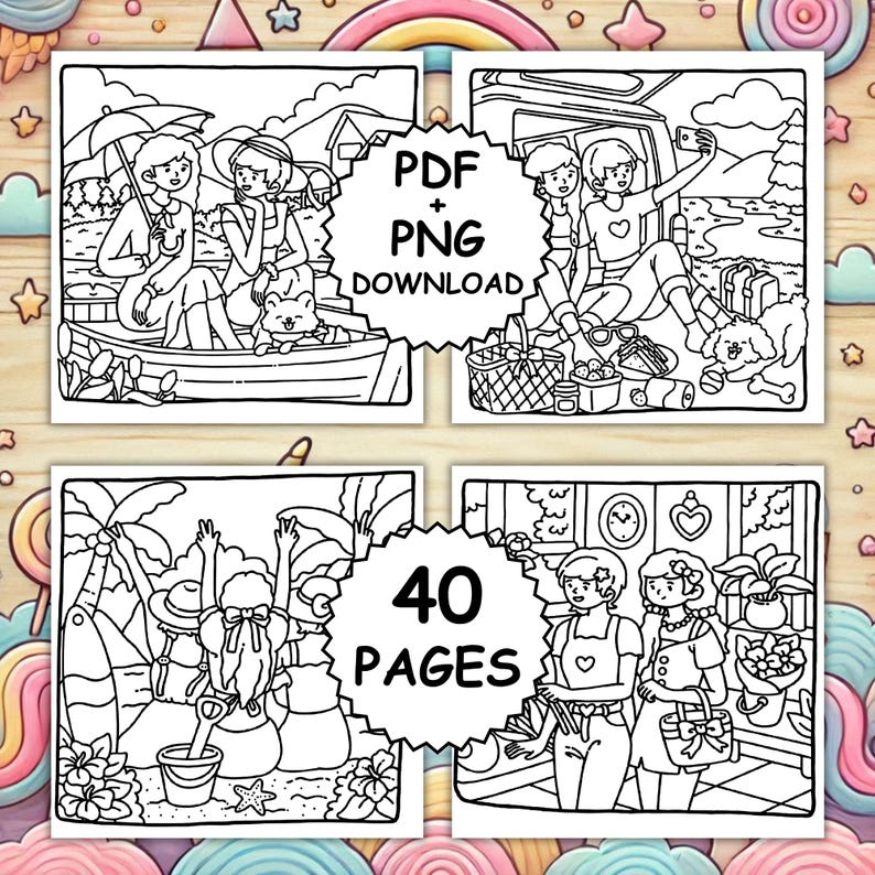 Op de afbeelding: Zwart-wit kleurboekpagina's met sc&egrave;nes van mensen die genieten van buitenactiviteiten. De afbeeldingen tonen picknicks, boottochten en strandsc&egrave;nes. Tekst op de afbeelding luidt "PDF + PNG DOWNLOAD" en "40 PAGES".