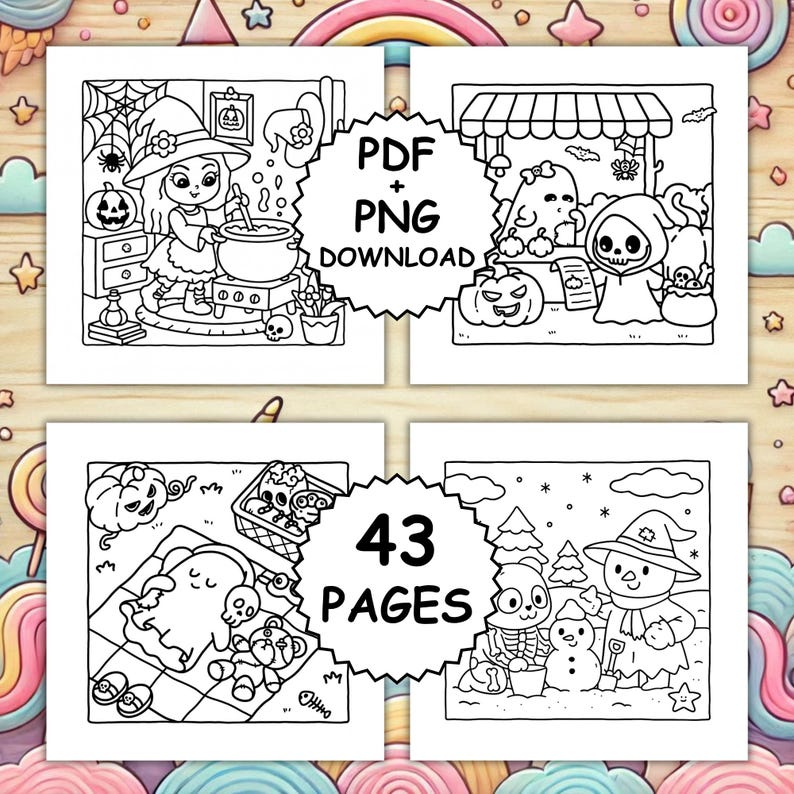 Spooky Cuties Målarbok, Halloween Kawaii, Fet & Enkel (PDF + PNG) bild 2
