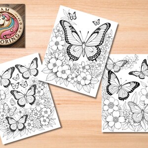 May include: Three black and white coloring pages featuring butterflies and flowers. The butterflies are detailed and intricate, with delicate wings and antennae. The flowers are also detailed, with petals and leaves.