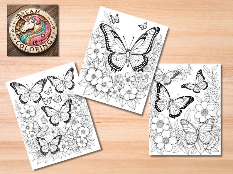 May include: Three black and white coloring pages featuring butterflies and flowers. The butterflies are detailed and intricate, with delicate wings and antennae. The flowers are also detailed, with petals and leaves.