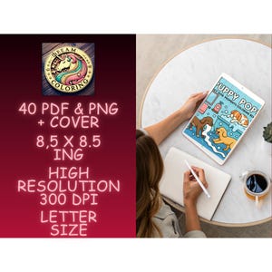 May include: A digital coloring book titled "Puppy Pop" is displayed on a tablet. The image also shows a notebook, a pen, and a cup of coffee. The left side of the image has text that reads "Dream Coloring" and details about the digital product.