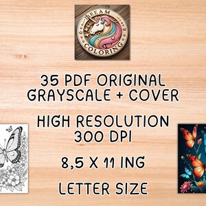 May include: A digital download of 35 original grayscale coloring pages featuring butterflies, with a cover page. The pages are high resolution, 300 DPI, and letter size, measuring 8.5 x 11 inches.