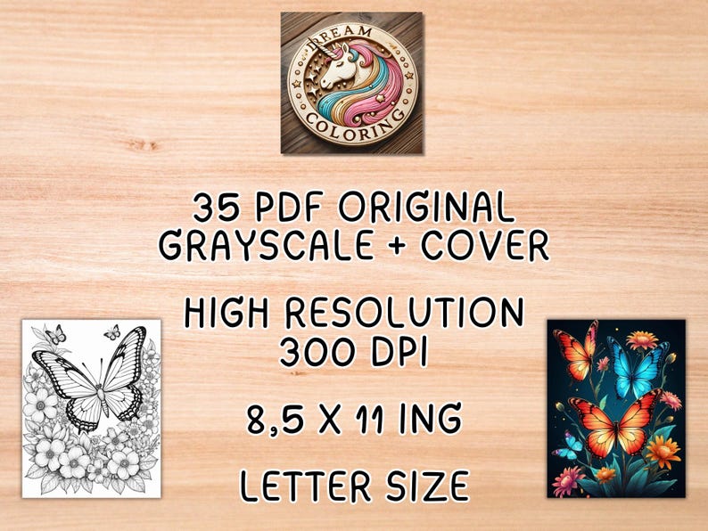 May include: A digital download of 35 original grayscale coloring pages featuring butterflies, with a cover page. The pages are high resolution, 300 DPI, and letter size, measuring 8.5 x 11 inches.