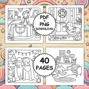 May include: A collection of four black and white line art illustrations featuring dogs in various domestic settings. The images include text that reads "PDF + PNG DOWNLOAD" and "40 PAGES".