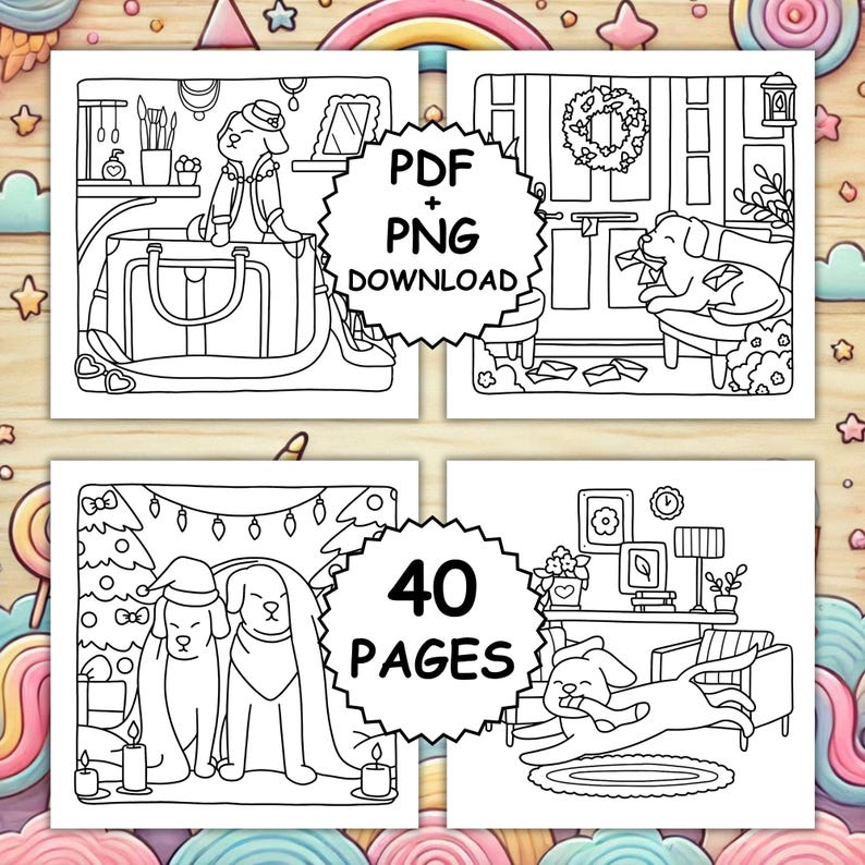 May include: A collection of four black and white line art illustrations featuring dogs in various domestic settings. The images include text that reads "PDF + PNG DOWNLOAD" and "40 PAGES".