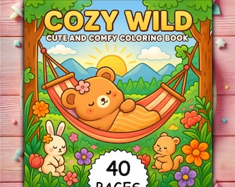 May include: A square coloring book titled "COZY WILD" with a cartoon illustration of a bear relaxing in a hammock. The cover features a sunny landscape with a bunny, squirrel, and flowers. The book has 40 pages.