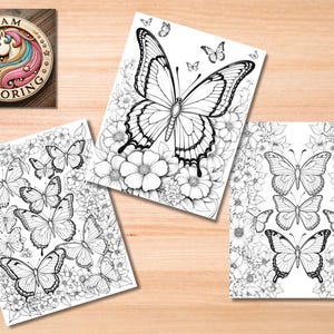 May include: Three black and white coloring pages featuring butterflies and flowers. The butterflies are detailed and intricate, with delicate wings and antennae. The flowers are also detailed, with petals and leaves.