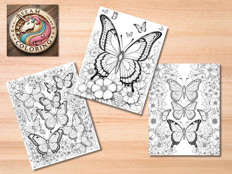 May include: Three black and white coloring pages featuring butterflies and flowers. The butterflies are detailed and intricate, with delicate wings and antennae. The flowers are also detailed, with petals and leaves.