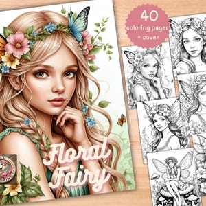 40 Fairy Coloring Pages, Floral Fairy Coloring Books, Fairies Coloring Sheets, Fairy Coloring Book, Grayscale Printable Coloring for Adults