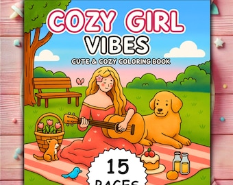 May include: A coloring book titled "Cozy Girl Vibes" with a cartoon illustration of a woman playing a guitar with a golden retriever dog. The cover also features a picnic scene with a basket, cake, and the text "15 PAGES".