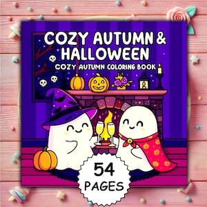 Könnte beinhalten: Ein lila Malbuch mit dem Titel "Cozy Autumn & Halloween". Das Cover zeigt Illustrationen von Geistern, Kürbissen und einem Kamin. Das Buch hat 54 Seiten. Das Thema ist Herbst und Halloween.