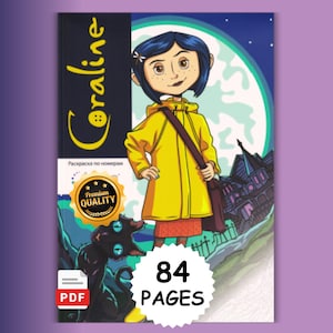 Puede incluir: Un libro para colorear de Coraline con un personaje con impermeable amarillo y un gato negro sobre un fondo de luna llena. La portada muestra el texto Coraline, Premium Quality y 84 PAGES. Un icono de PDF es visible abajo a la izquierda.
