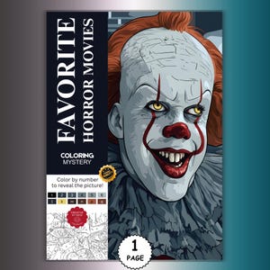 Könnte beinhalten: Eine Malen-nach-Zahlen-Seite mit dem Titel FAVORITE HORROR MOVIES, die einen Clown mit orangefarbenen Haaren, blasser Haut, gelben Augen und einer roten Nase zeigt. Die Seite enthält einen Farbschlüssel, nummerierte Abschnitte und ein kleines Muster.