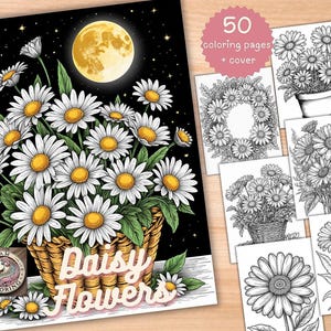 50 Daisies Coloring Book, Printable PDF, Botanical Floral Plant Coloring Pages, Grayscale Fantasy Coloring Book for Adults and Kids