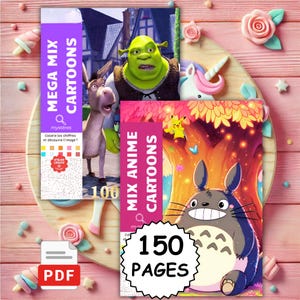 Può includere: Due libri da colorare digitali con personaggi dei cartoni animati. Una copertina mostra Shrek e Ciuchino con il testo MEGA MIX CARTOONS. L'altra mostra Totoro e Pikachu con il testo MIX ANIME CARTOONS e un badge con 150 PAGES.