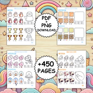 May include: A colorful digital download featuring coloring pages with various themes. Includes illustrations of teapots, trophies, hearts, cupcakes, and cats. The image also contains the text "PDF + PNG DOWNLOAD" and "+450 PAGES".