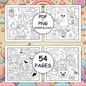 May include: Four-panel black and white Halloween-themed coloring book pages. Each panel features a different spooky scene with ghosts, witches, and other Halloween characters. The center of the image has text that reads "PDF + PNG DOWNLOAD" and "54 PAGES".