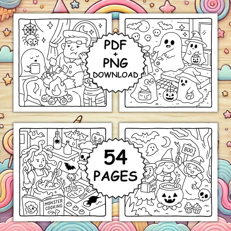 May include: Four-panel black and white Halloween-themed coloring book pages. Each panel features a different spooky scene with ghosts, witches, and other Halloween characters. The center of the image has text that reads "PDF + PNG DOWNLOAD" and "54 PAGES".