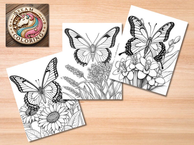 May include: Three black and white coloring pages featuring butterflies with detailed wings and floral designs. The butterflies are perched on flowers and plants.