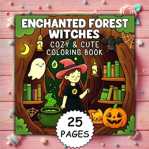 以下が含まれることがあります： 「Enchanted Forest Witches」というタイトルの正方形の塗り絵本で、「Cozy & Cute Coloring Book」というテキストが入っています。表紙には、漫画の魔女、幽霊、カボチャ、猫が描かれています。本は25ページあります。背景はピンク色の木の表面です。