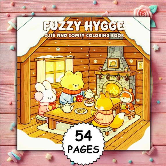 Fuzzy Hygge Bold and Easy Coloring Book, 54 Cozy Cute Coloring Pages, Soft Kawaii Art, Printable PDF & PNG