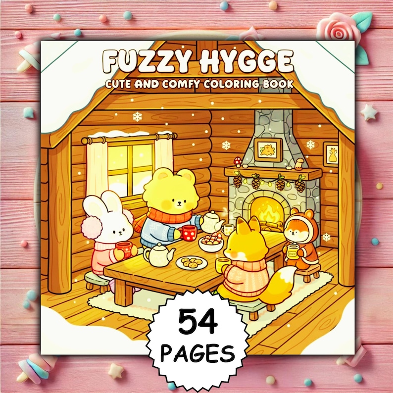 May include: A coloring book titled "FUZZY HYGGE" with the subtitle "Cute and Comfy Coloring Book." The cover illustration depicts a cozy cabin scene with cartoon animals enjoying tea. The book has 54 pages.