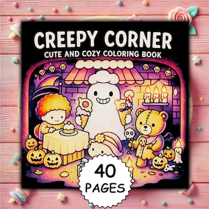 May include: A square coloring book with the title "Creepy Corner" and the subtitle "Cute and Cozy Coloring Book." The cover features cartoon illustrations of a ghost, teddy bear, and other Halloween-themed characters. The book has 40 pages.